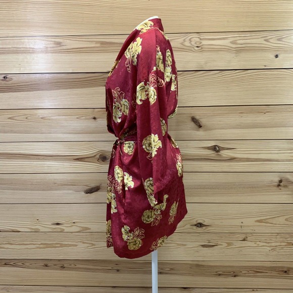 Vintage Victoria's Secret Robe Medium Red Gold Floral Short Pockets Wrap B161 - Picture 6 of 8